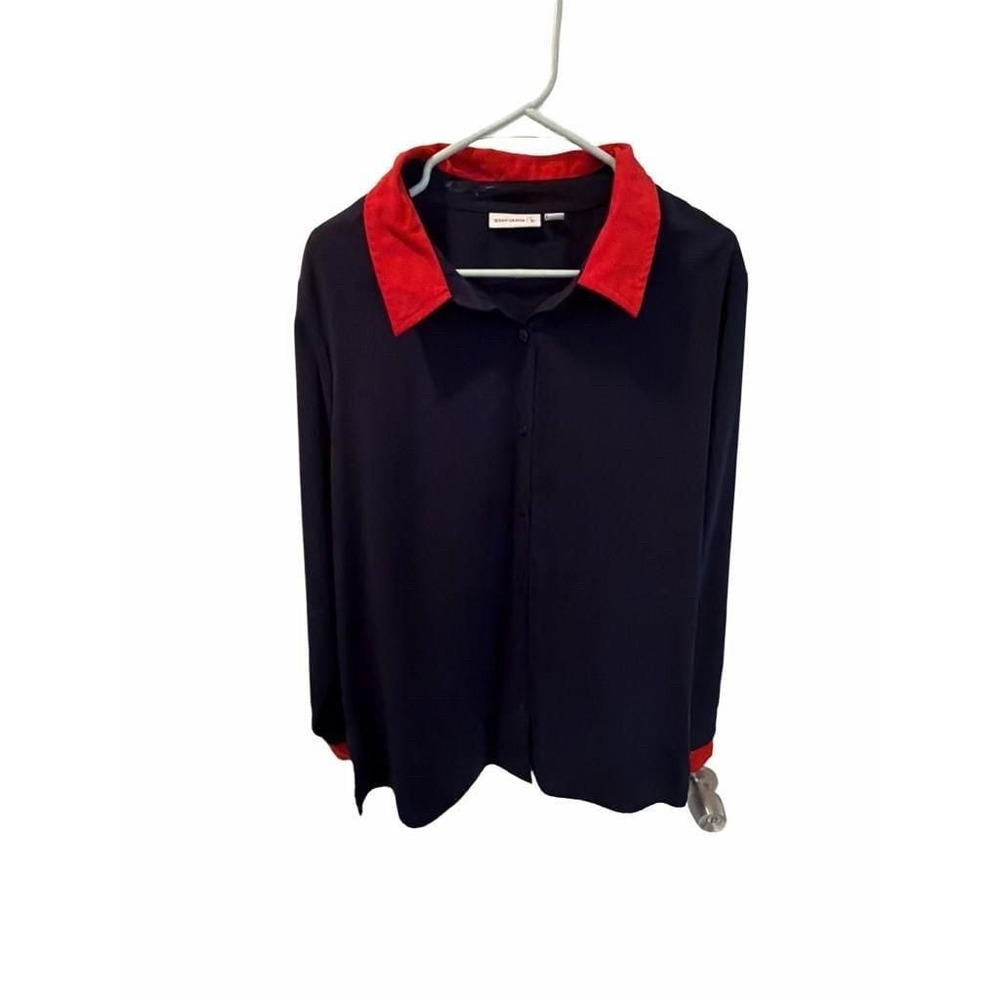 Susan Graver Navy Blue and Red Contrast Collar Long Sleeve Button Up Shirt XL